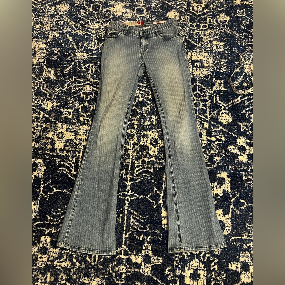 y2k guess low rise pinstripe flare jeans